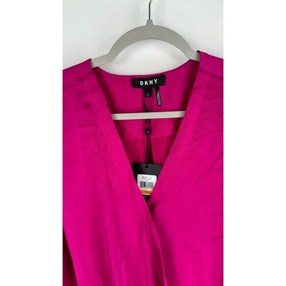 DKNY Womens Satin Faux Wrap Blouse Pink Size Small New Long Sleeve V Neck - Picture 6 of 9